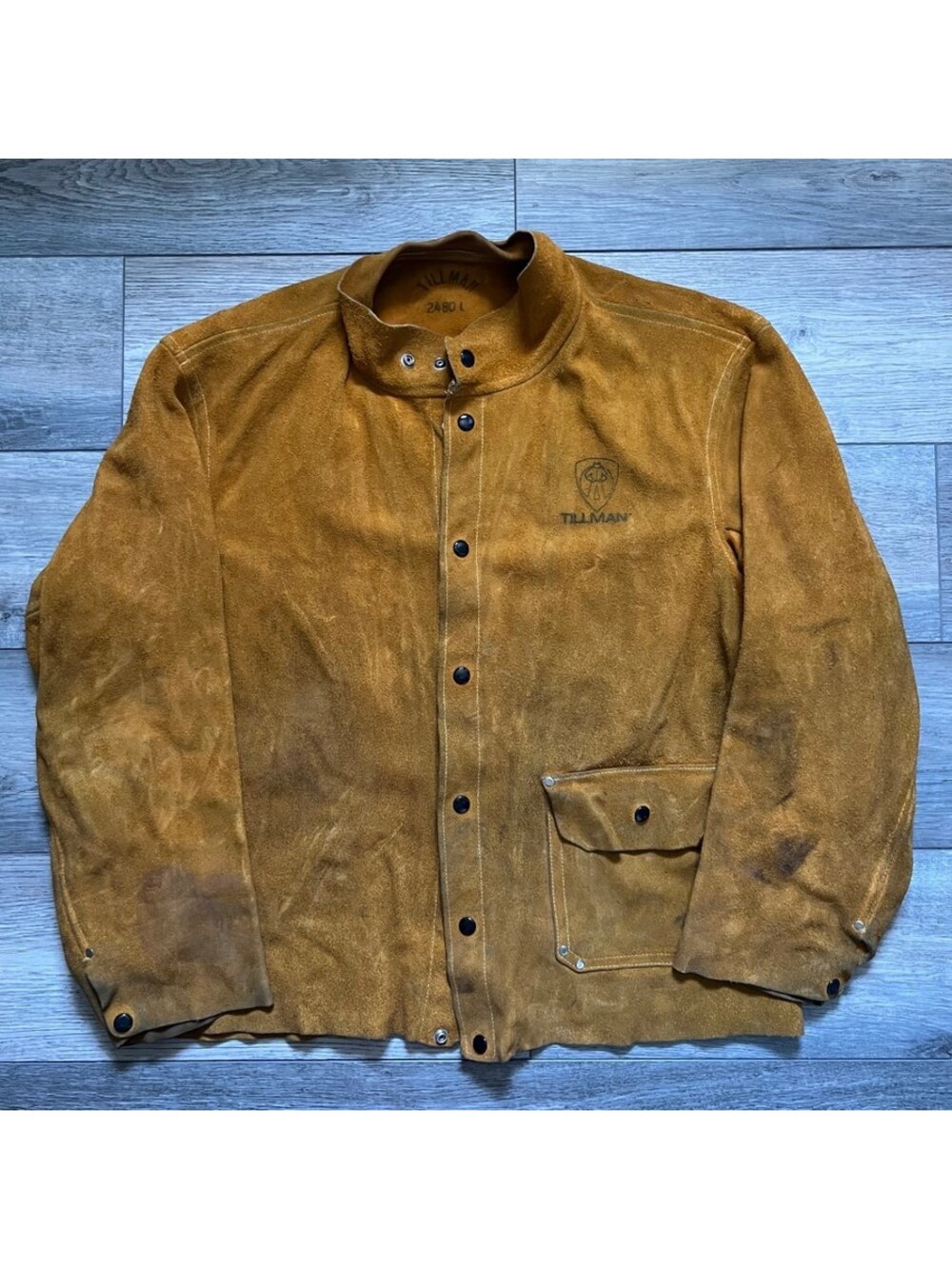Vintage Tillman Men's L Welding Work Jacket Brown Suede Leather Snap Front